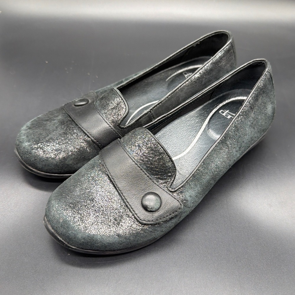 Dansko Black Distressed Metallic Leather Loafers Button Strap Wedge Shoes EU 37